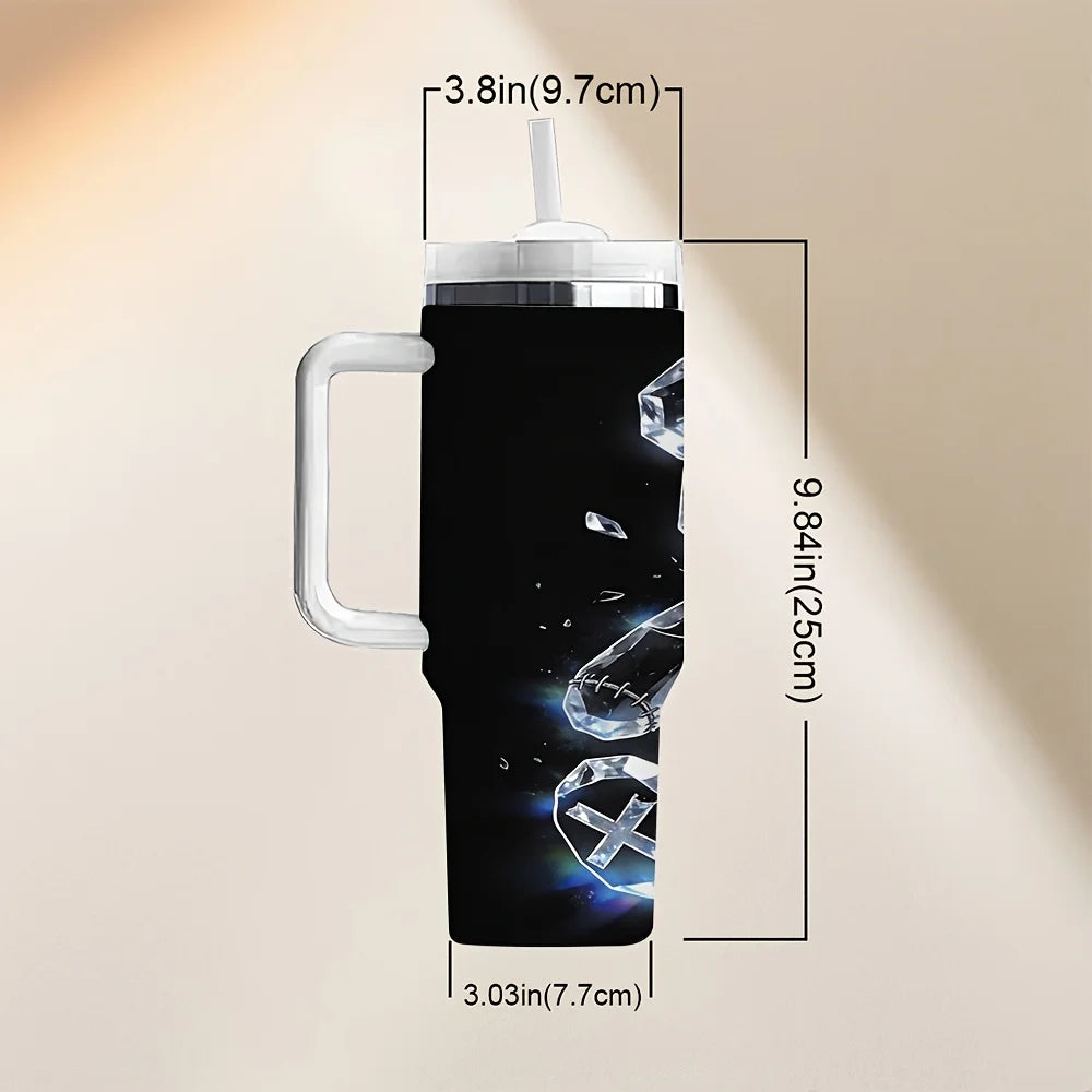 Stylish Broken Crystal Patch Teddy Bear Print Insulated Tumbler with Straw And Handle for Daily Outdoor Travel Use