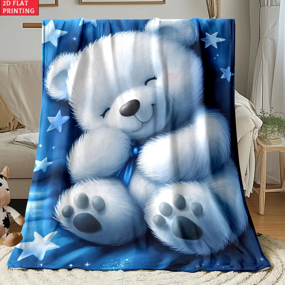 One Teddy Bear Design on a Blue Backdrop Blanket - a Lightweight Flannel Throw Suitable for The Sofa, Outdoor Use, Camping, Living Room, Office, Chair, And Bed - Features Digital Printing for a Soft And Cozy Feel, Perfect for