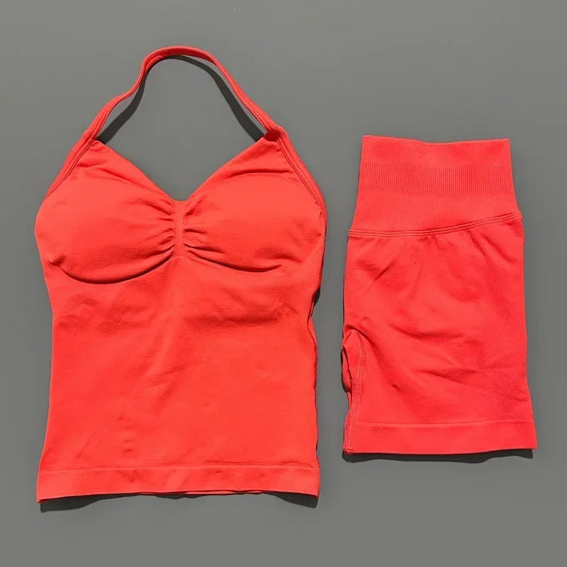 2 Piece Women Sports Set Backless Halter Tank Top High Waist Seamless Stretch Shorts Gym Fitness Workout Outfit