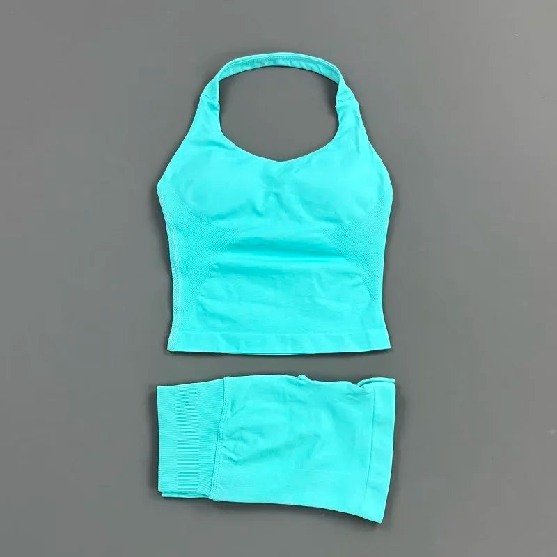 2 Piece Yoga Set Women Backless Halter Top High Waist Seamless Shorts Gym Suit Fitness Sportswear Workout Sets